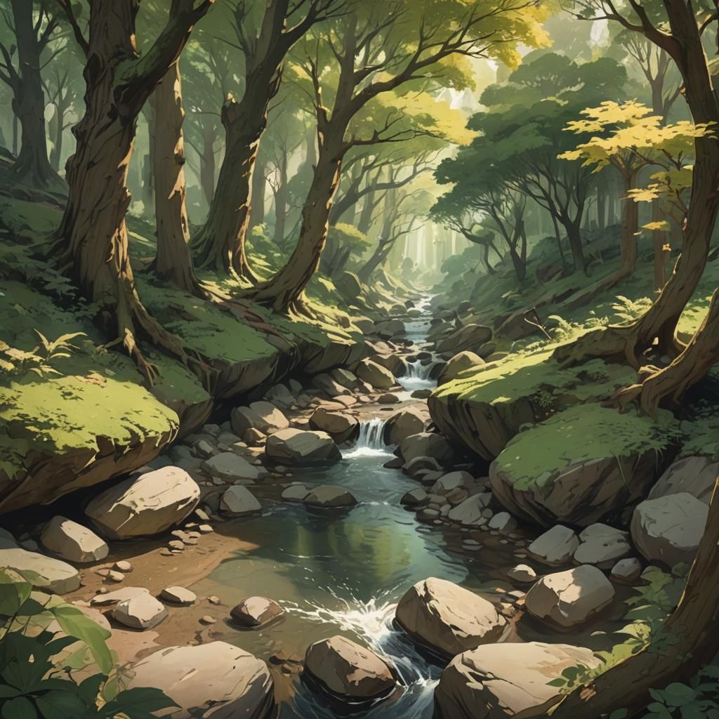 Tranquil Forest Stream in Anime Style
