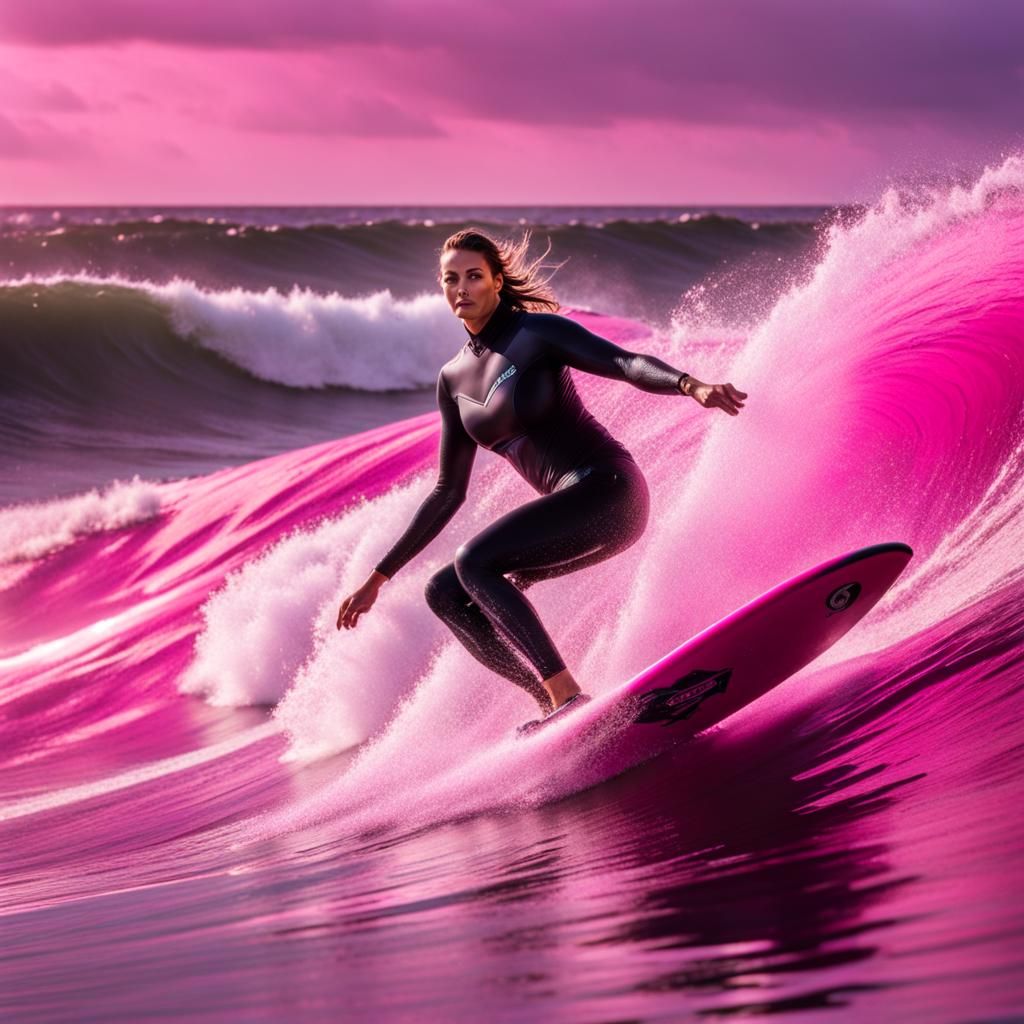 Woman Surfing Wave of Pink Energy