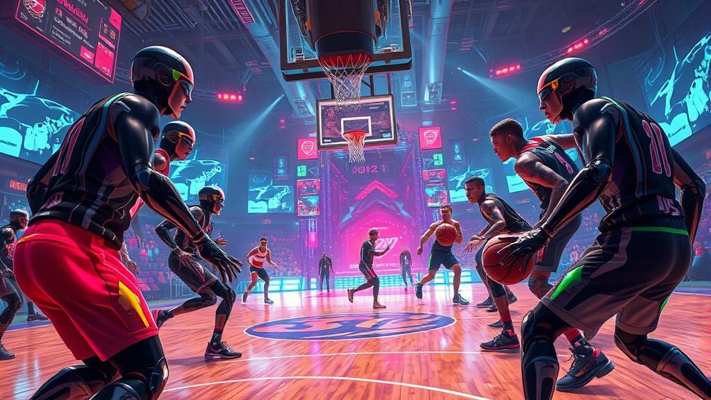 Cyborgs Clash on a Neon Basketball Court
