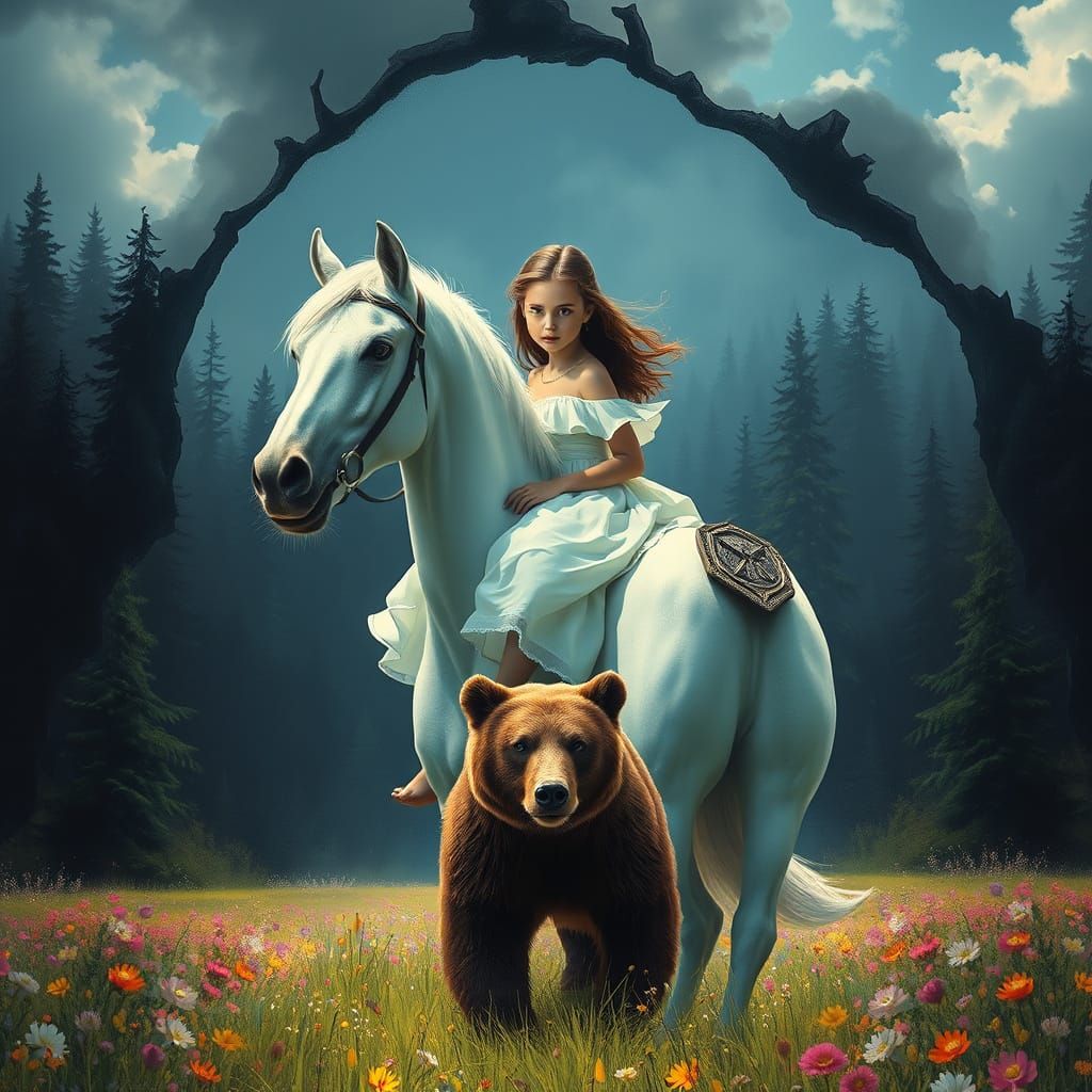Girl on Horse Confronts Bear, Splash Art Style