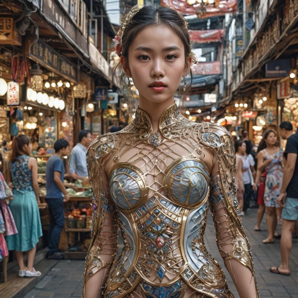 Stunning Woman in Marketplace, Hyper-Realistic Digital Portr...