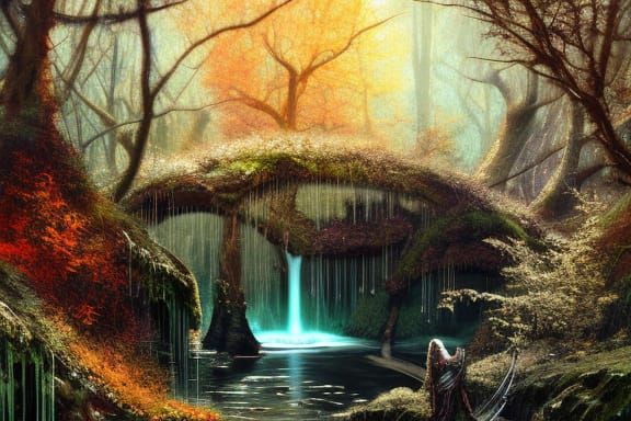 Elven Realm Waterfall in Autumn, Hyperdetailed Art