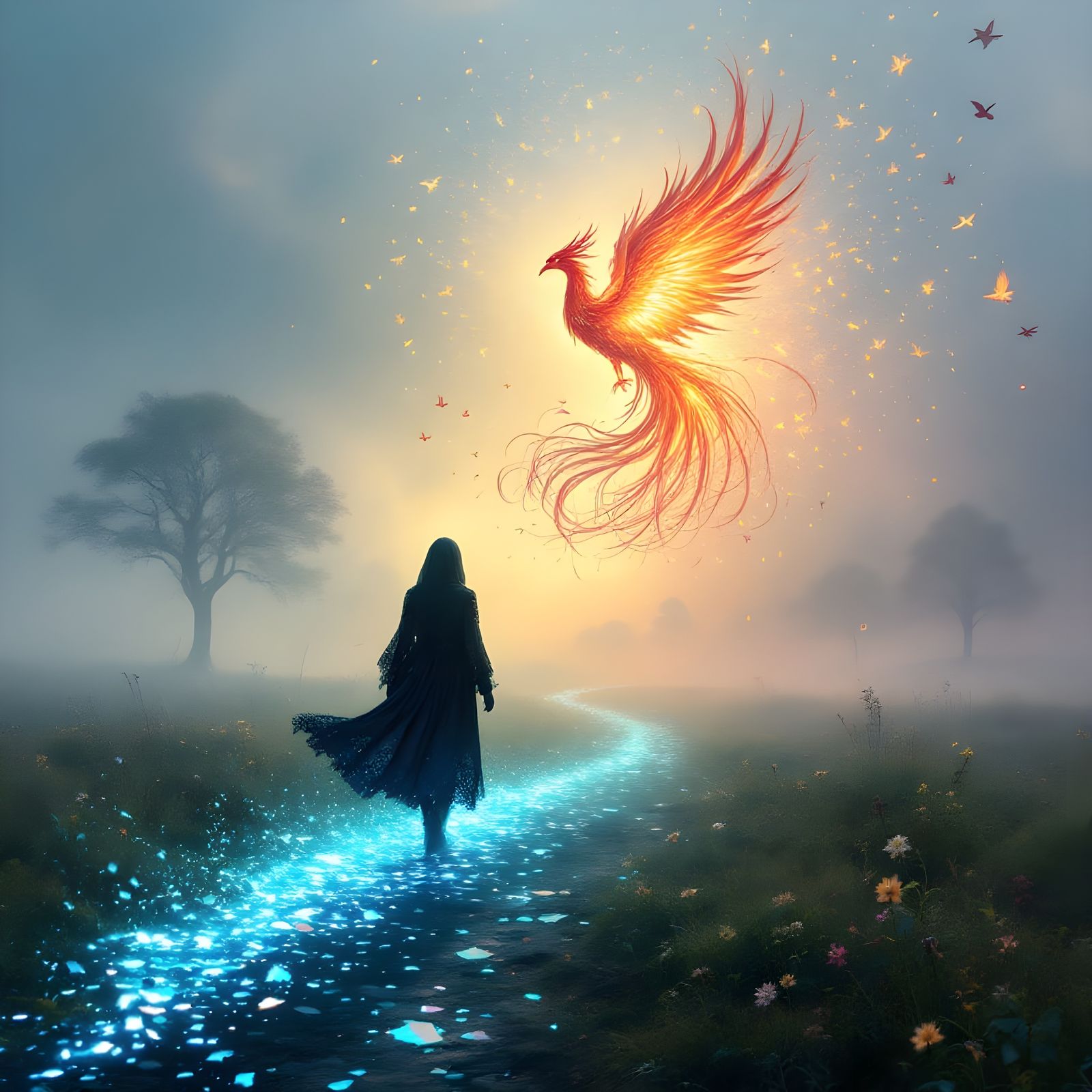 Confident Shadow Figure Strides Ahead in Vibrant Fantasy Lan...