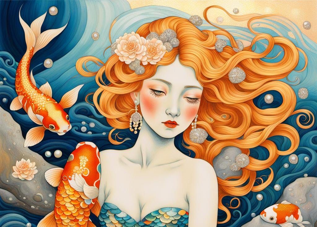Koi Mermaid Dream in Klimt-Inspired Ukiyo-e Style