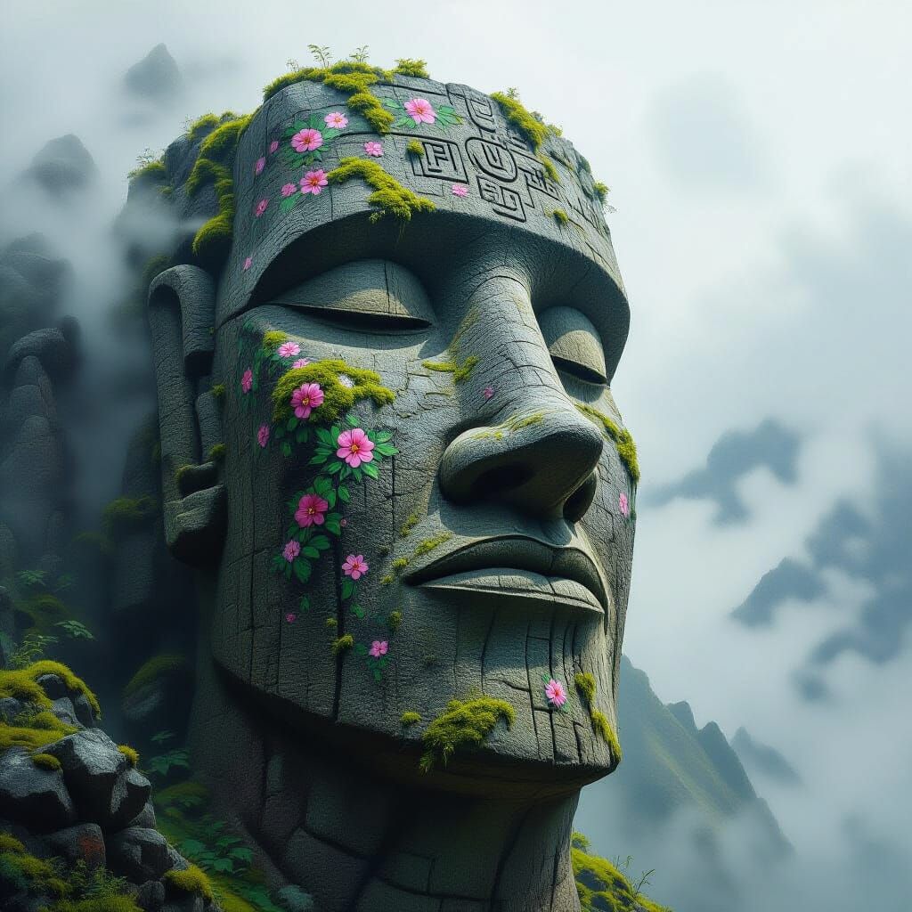 Ancient Stone Face in Misty Mountains, Oil Painting Style