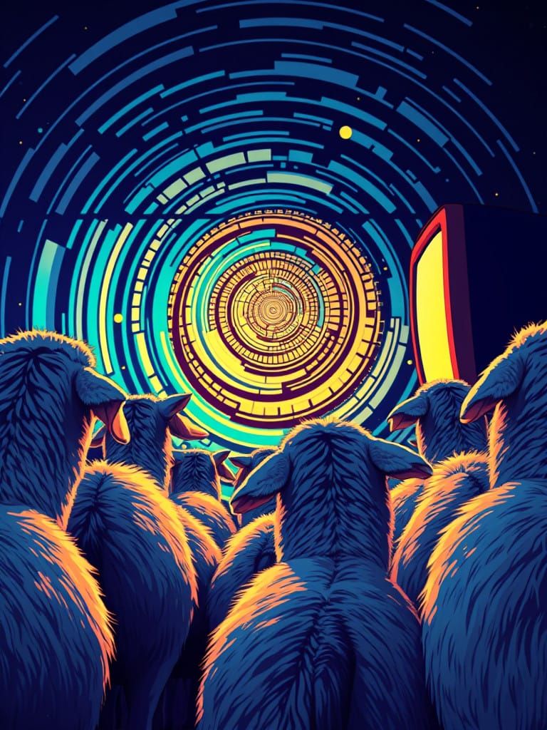 Surreal Scene of Sheep Watching TV with Hypnotic Spiral Patt...