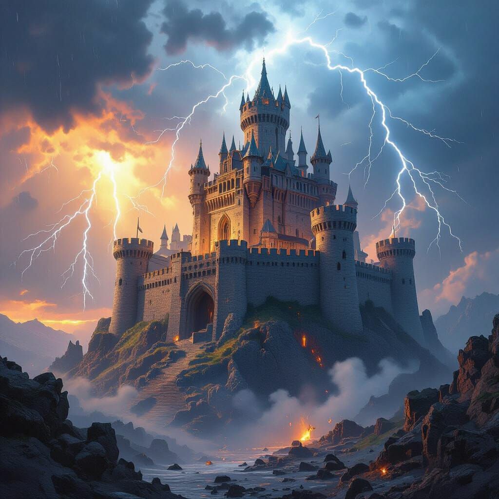 Epic Fantasy Fortress Under Stormy Skies