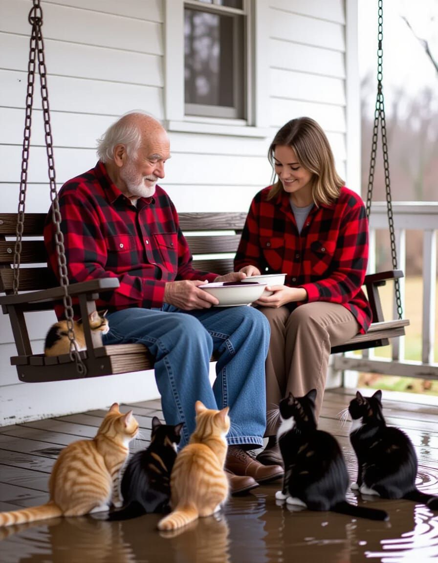 Kind Old Man Feeds Stray Cats in Gentle Rain