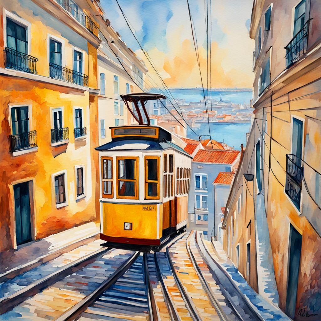 Lisbon Funicular: Expressionist Watercolor Painting