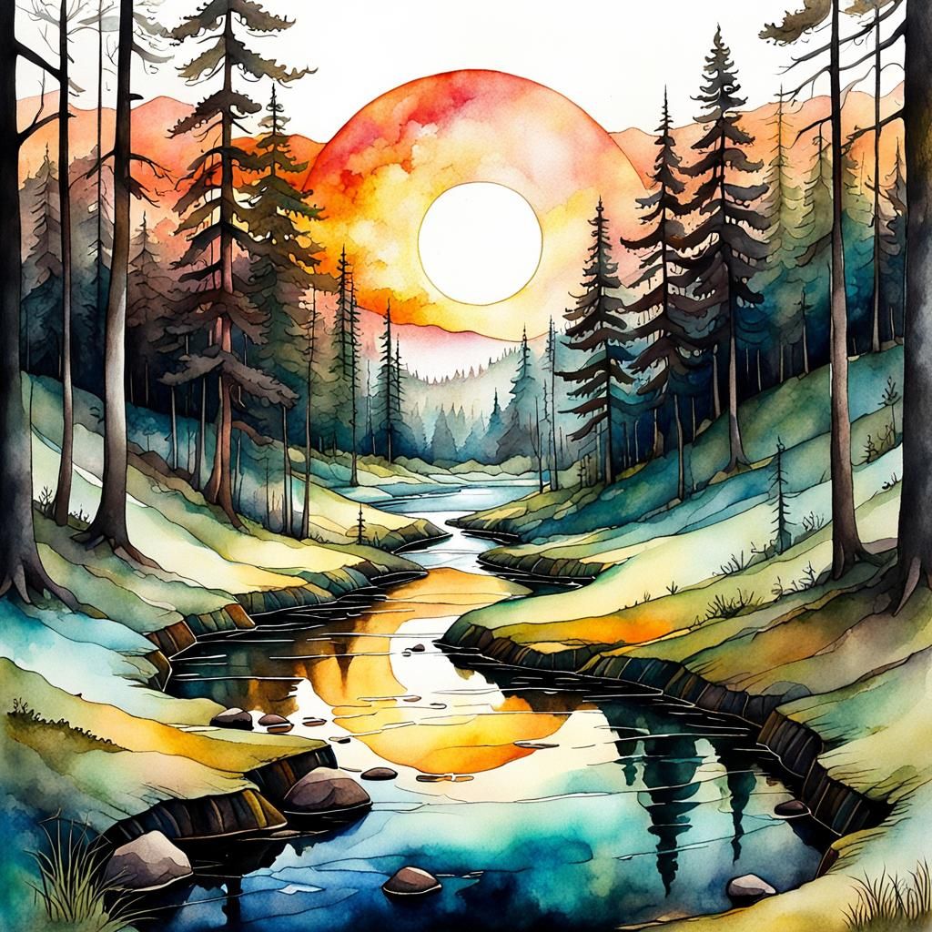 Faded Sunset Over Forest Stream: Watercolor Painting