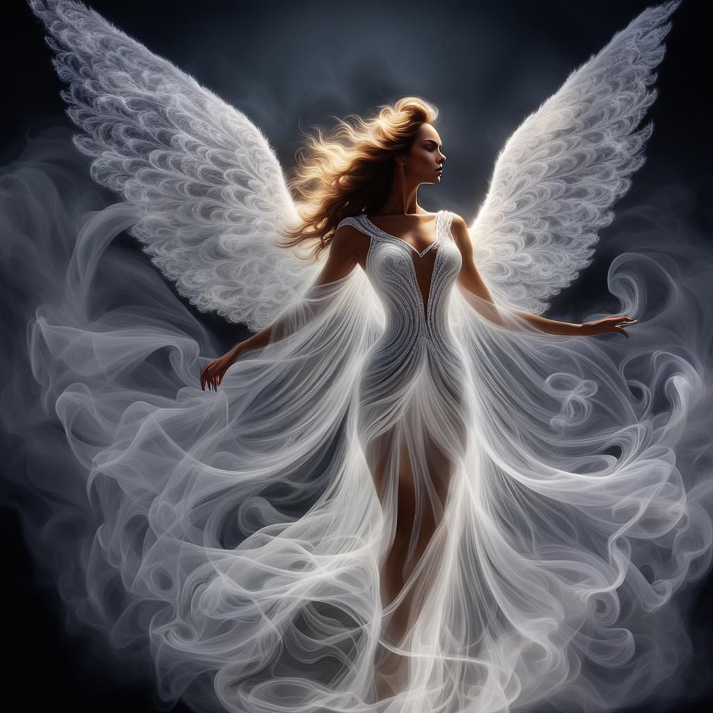 8 Images (6): Fast transparent, weiße Engel, wie aus einem Traum gezeichnet, schweben sanft durch die Luft.
Ihre Flügel ...