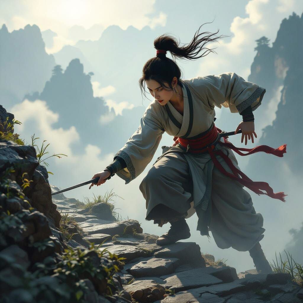 Chinese Martial Artist Ascends Misty Mountain Path