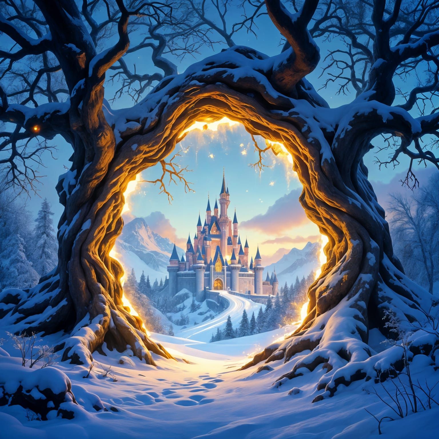 Magical Glowing Portal to a Winter Castle