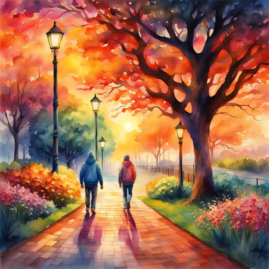 Vivid Sunset Park Watercolor with Figures