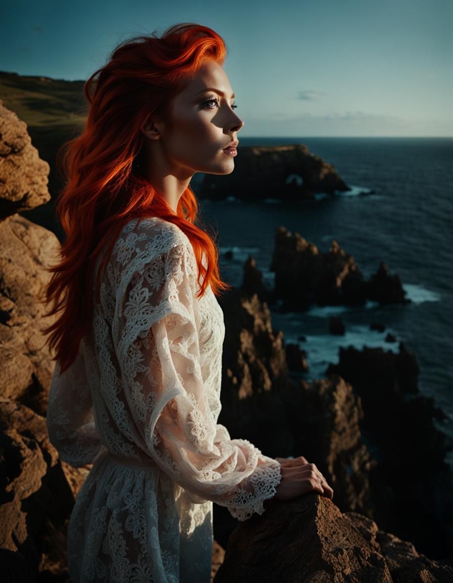 Cinematic Woman with Red Hair on Rocky Cliff