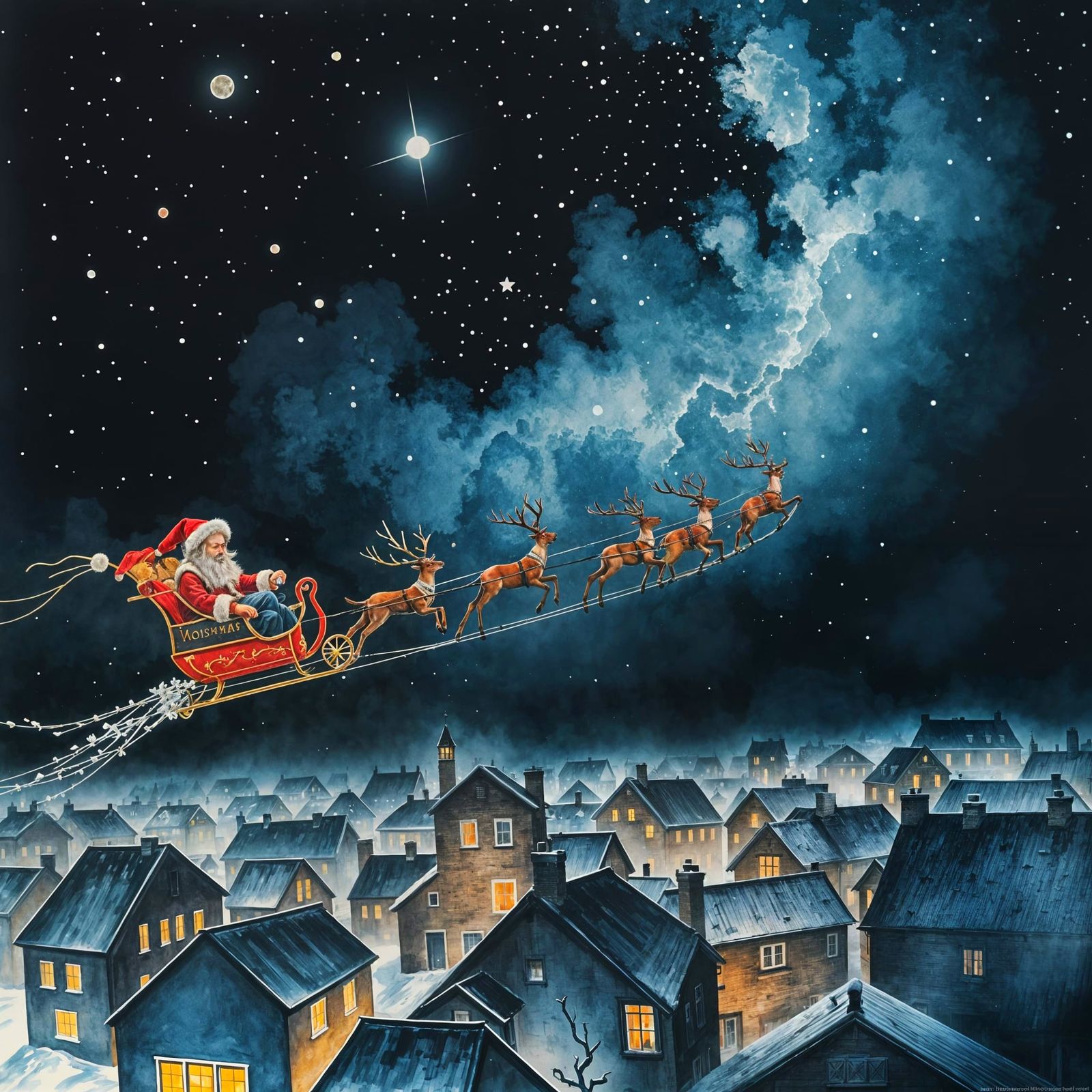 Magical Christmas Eve Night in Modern European Ink Style