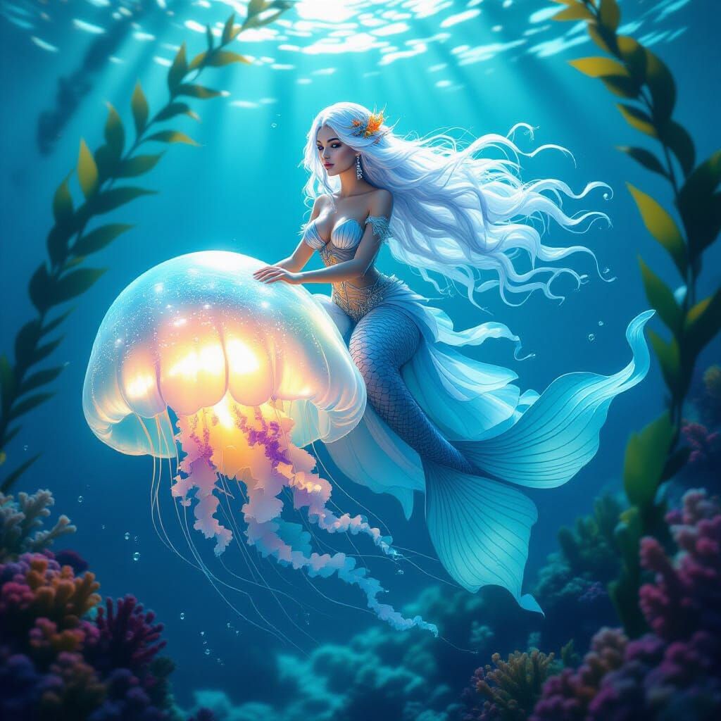 Bioluminescent Mermaid Queen on Jellyfish, Digital Art