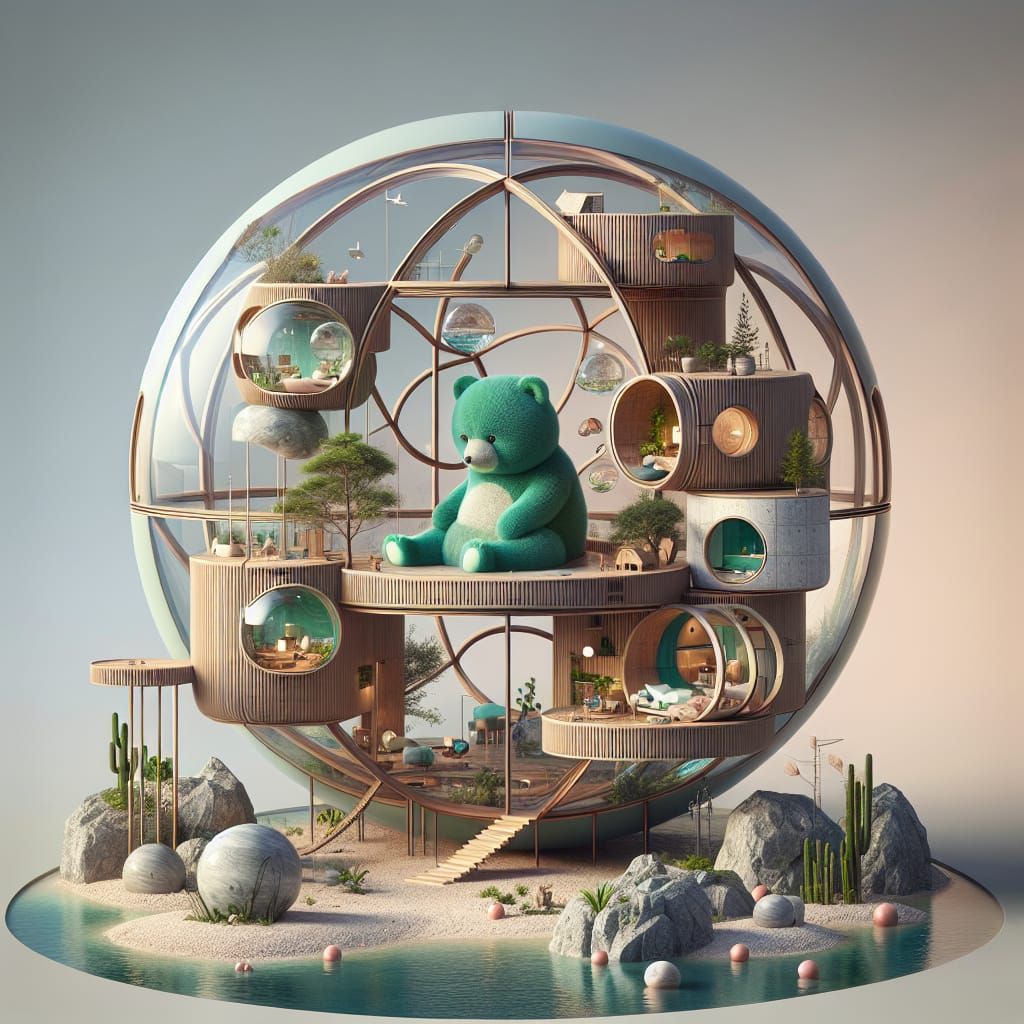 Surreal Lovescape: Green Bear in Artificial Atmosphere