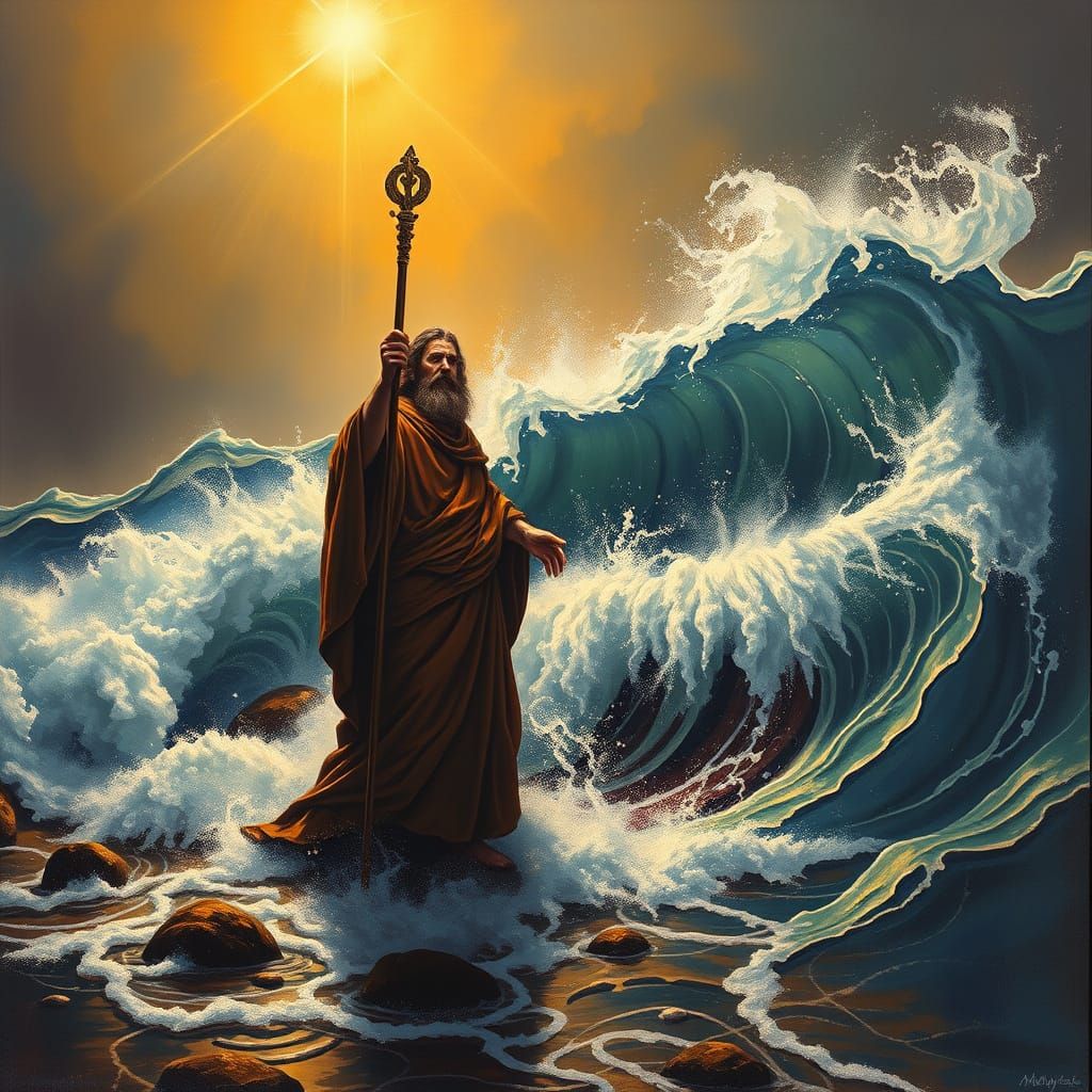 Moses Parting the Red Sea in Epic, Dreamlike Style
