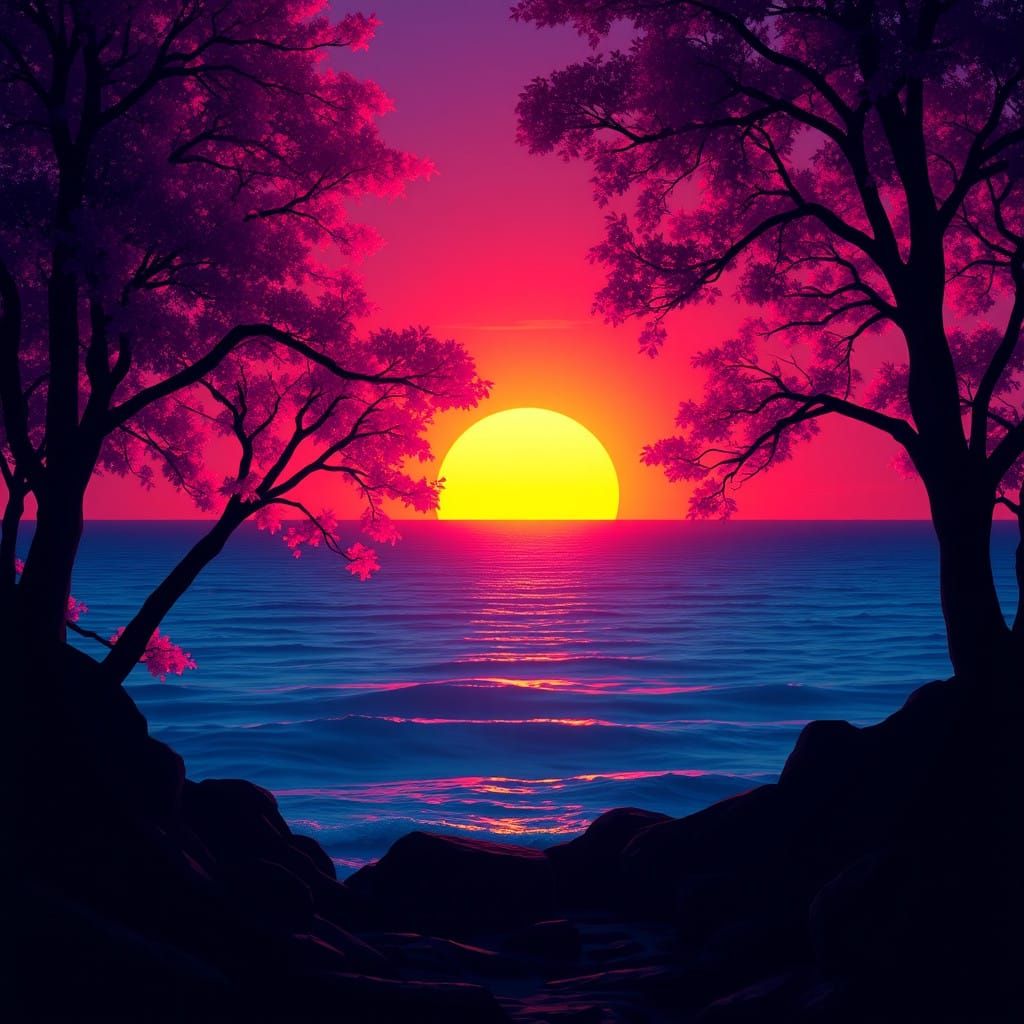 Fantasy Sunset Scene Over Ocean Horizon with Glowing Trees