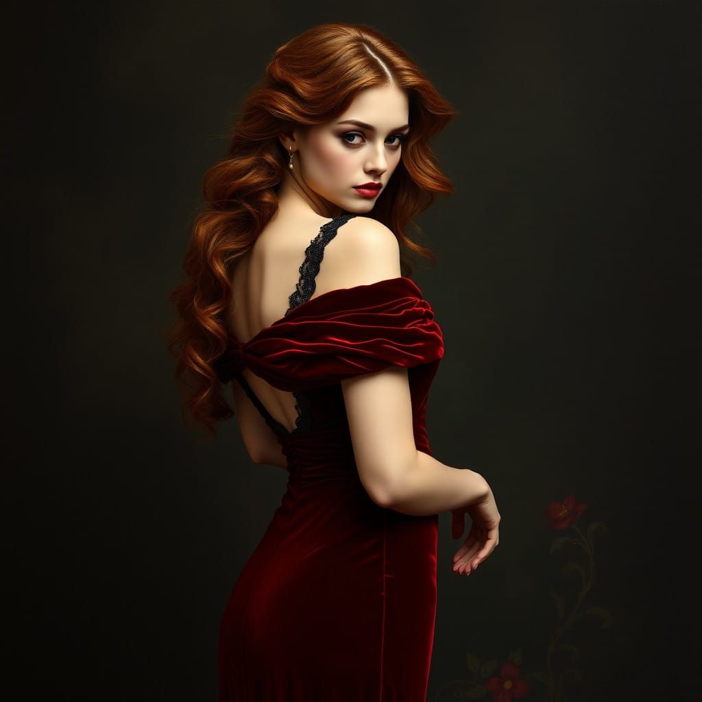 Elegant Pre-Raphaelite Woman in Crimson Velvet Gown