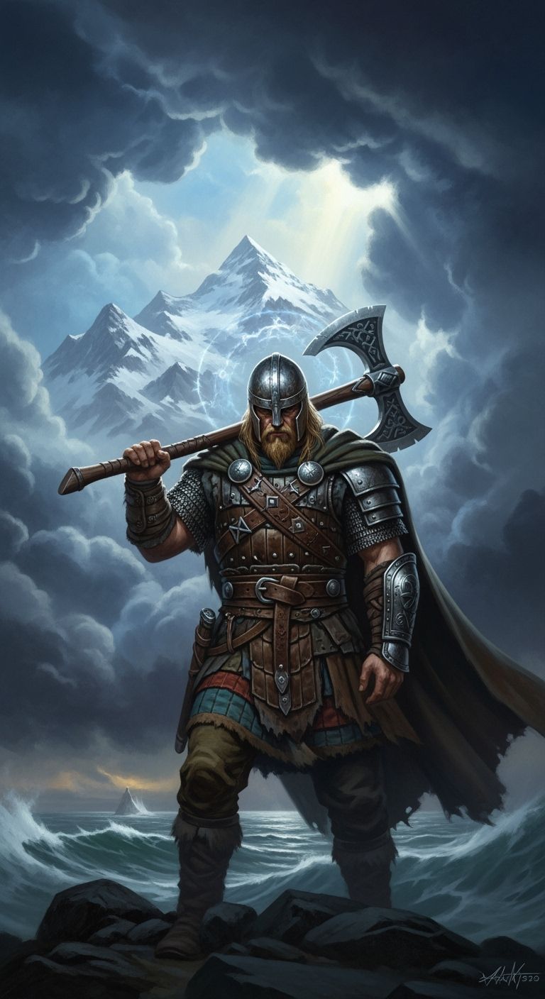 Viking Warrior on Snowy Peak Facing Stormy Sea