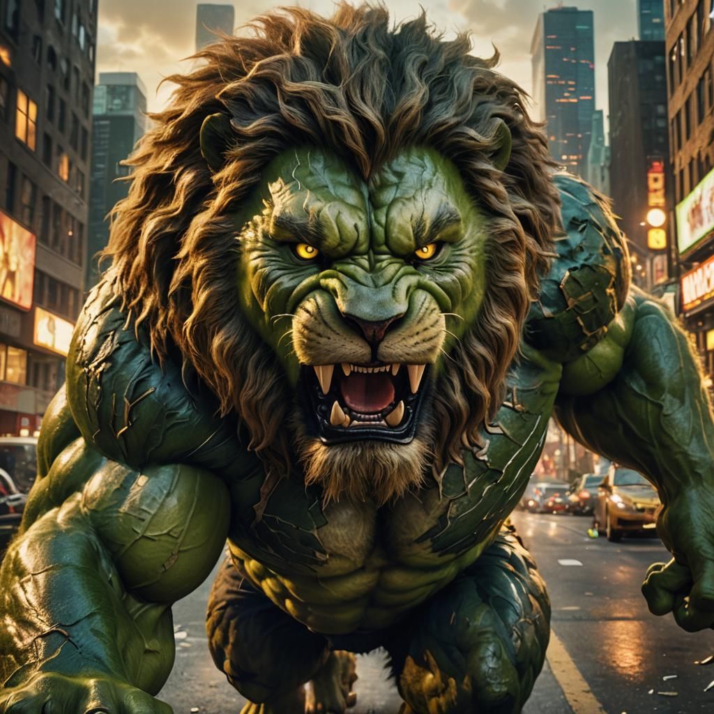 Lion-Hulk Hybrid Roars in Marvel Cityscape