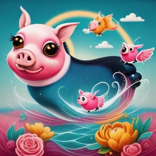 Enchanting Flying Pigs in Full Color Neon Style