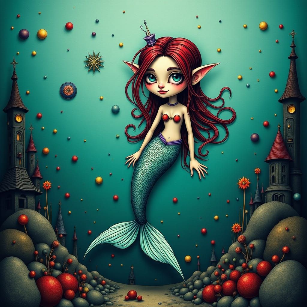 Whimsical Mermaid in a Vibrant Underwater Metropolis