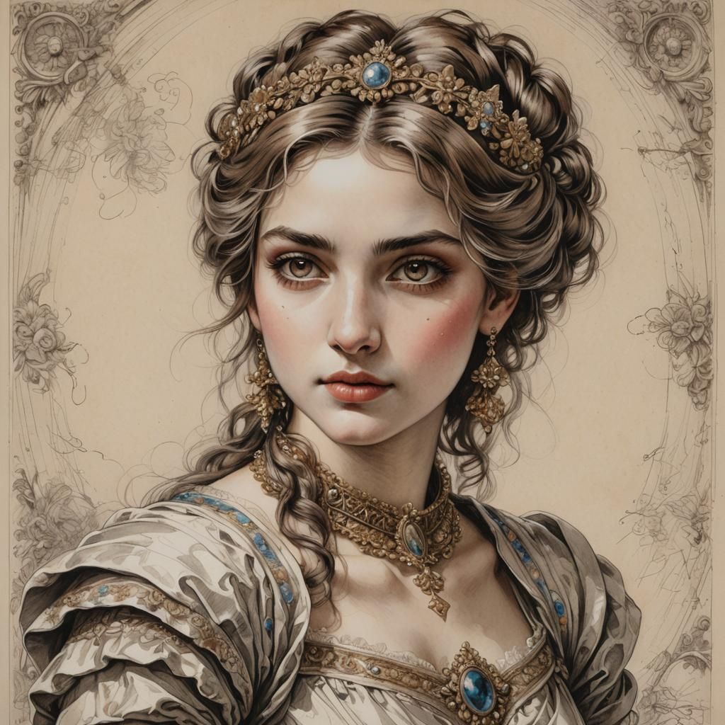 Beautiful Goddess Portrait with Intricate Cross-Hatching