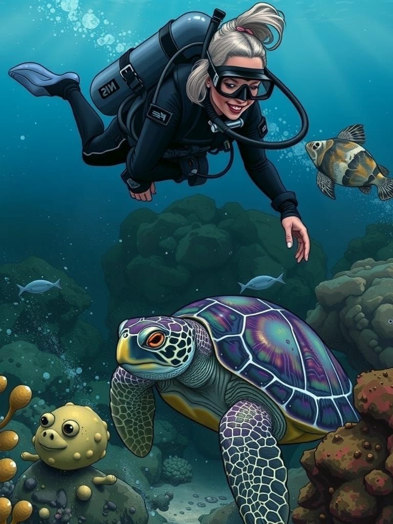 Cute Diver Meets Purple Turtle Under the Sea in Vintage Comi...