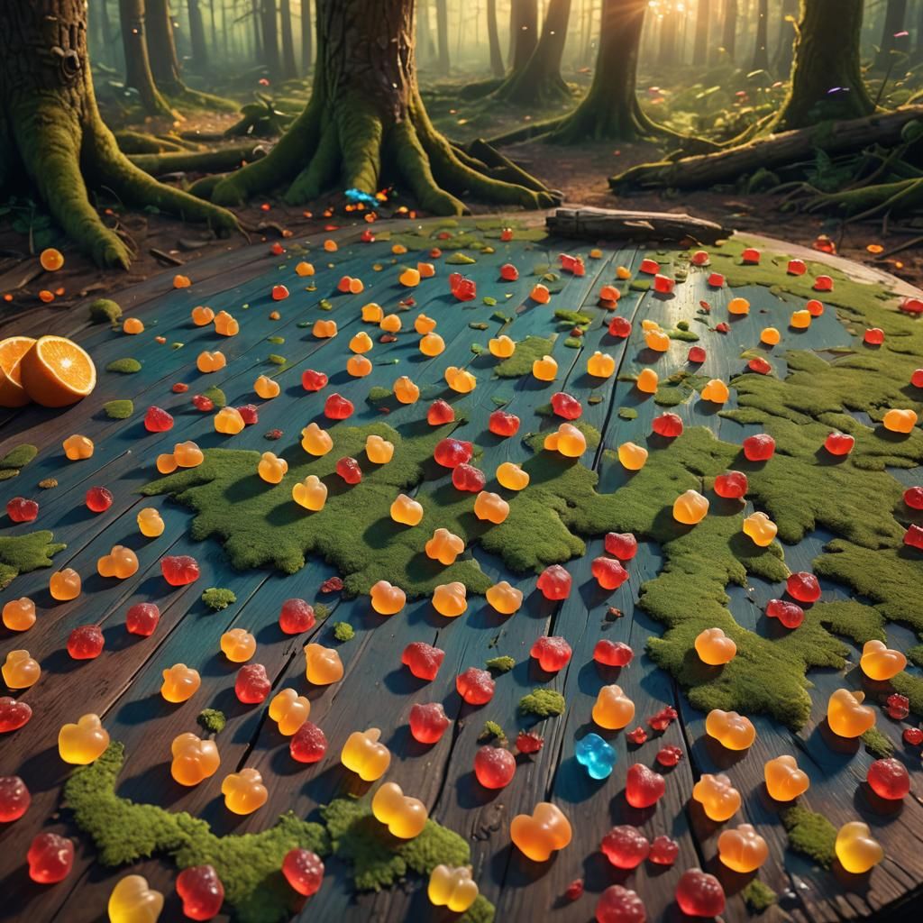 Enchanted Forest Gummy Bears in a Whimsical Painting