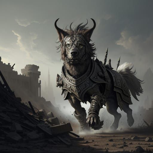 Epic Dog Army in Ornate Armor on Desolate Battlefield