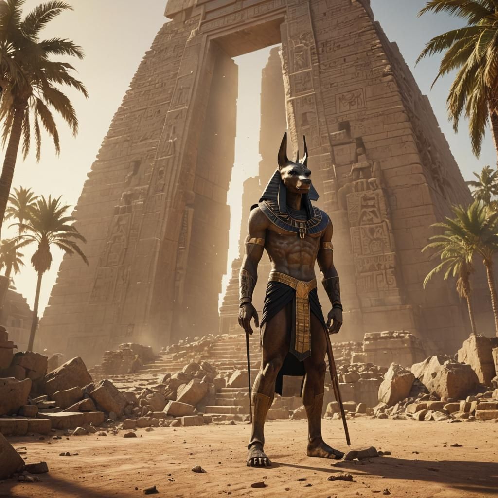 Anubis Guards Pyramid in Golden Light as 3D Art