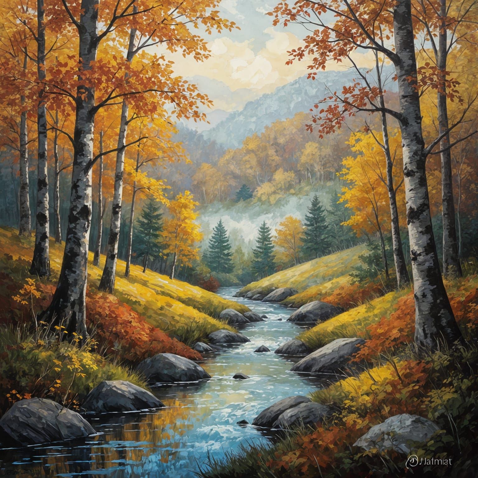 Misty Autumn Valley Landscape Painting