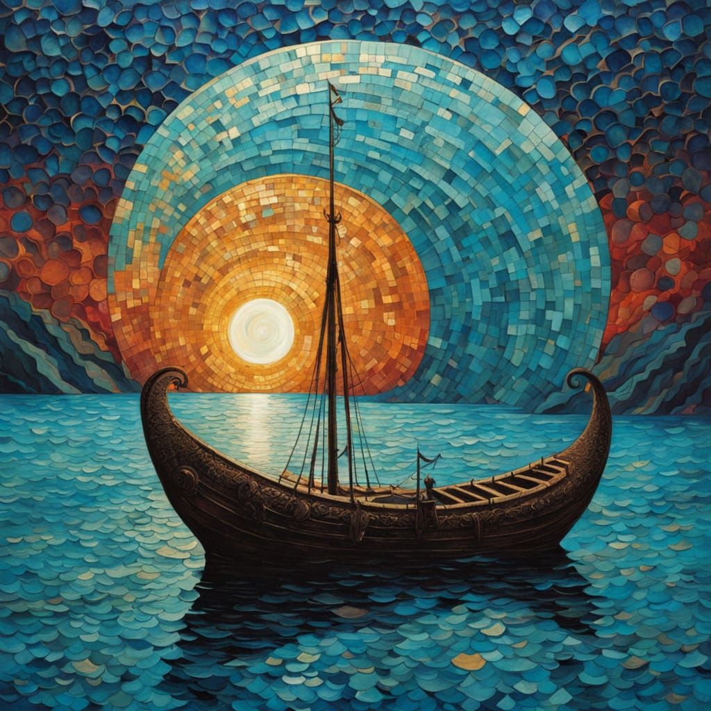 Viking Ship Abstract in Turquoise Hues