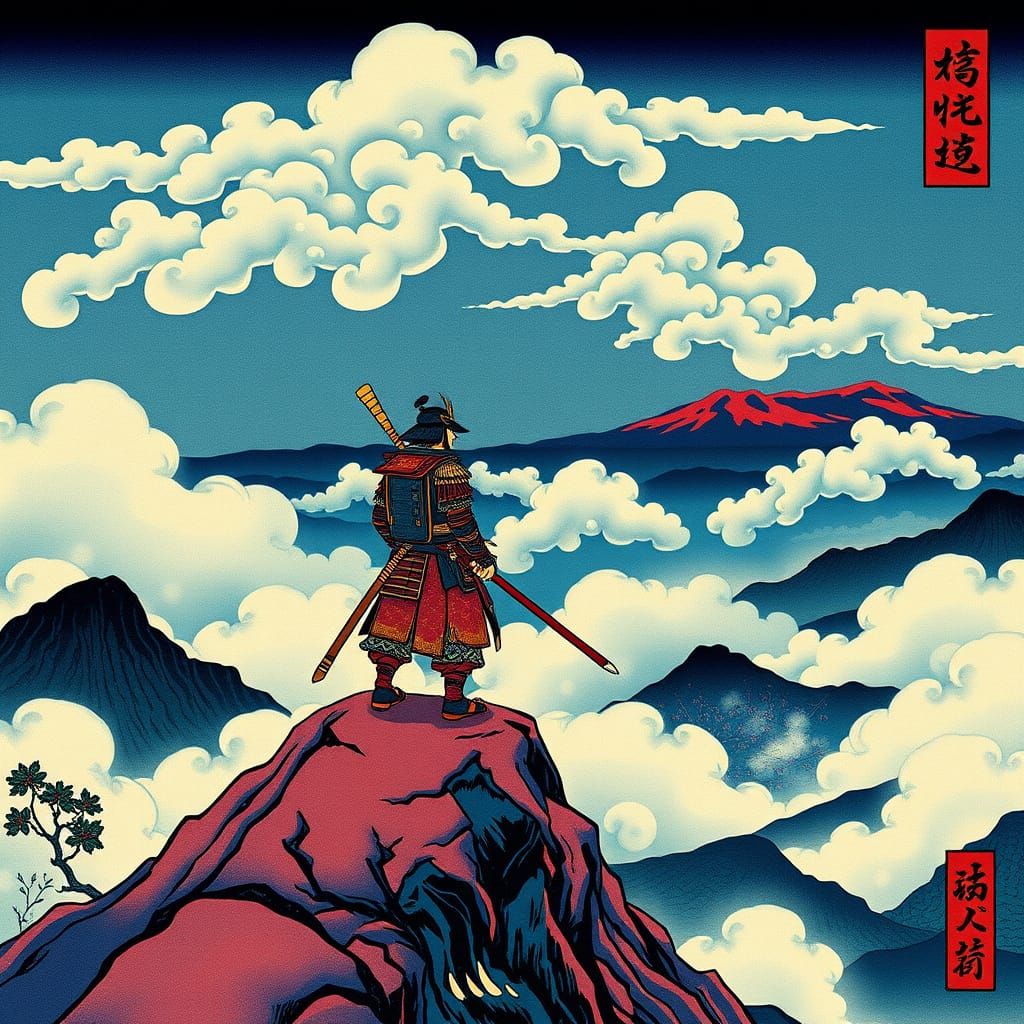 Samurai on Mountaintop in Ukiyo-e Woodblock Style