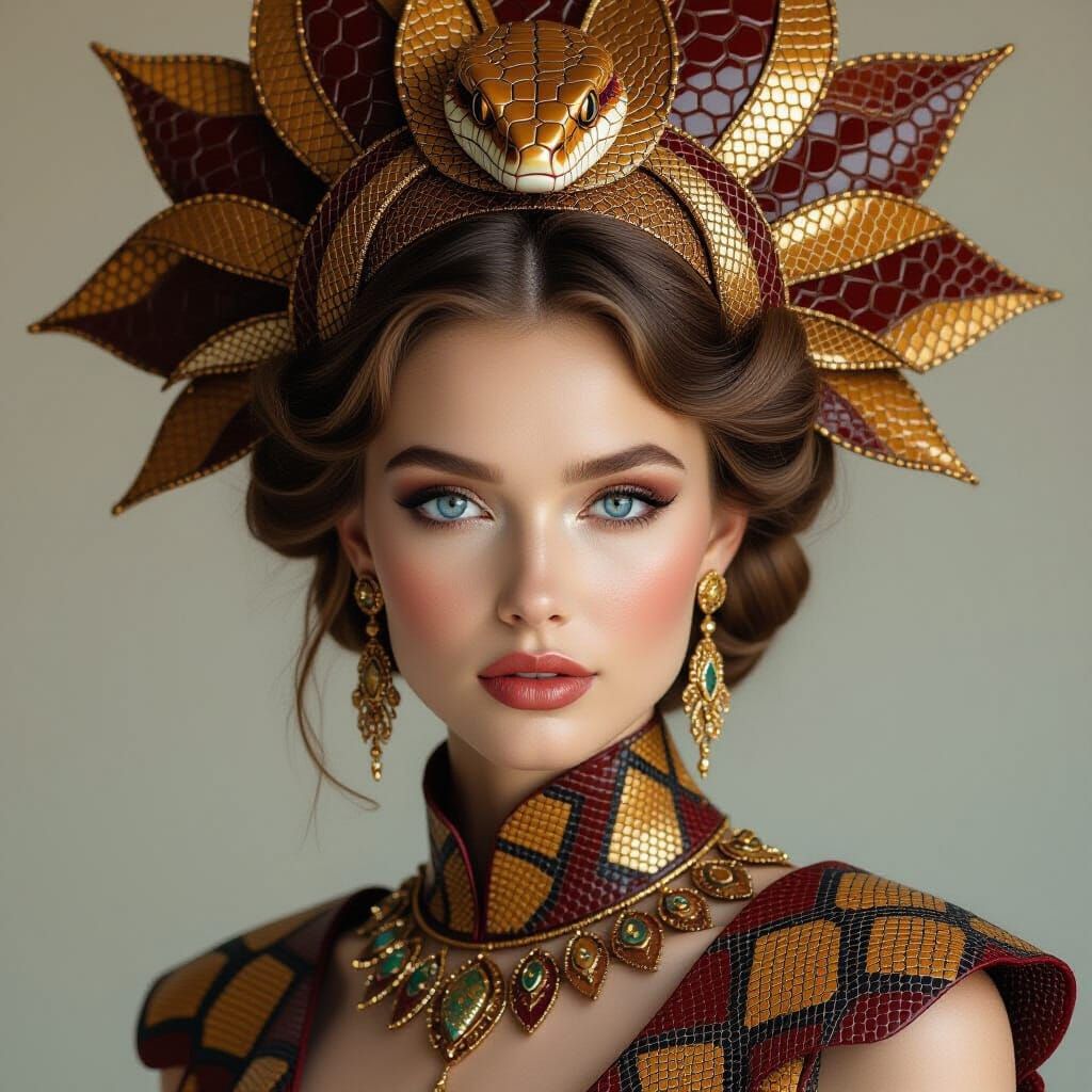Woman in Reptile Headdress: Digital Art Portrait