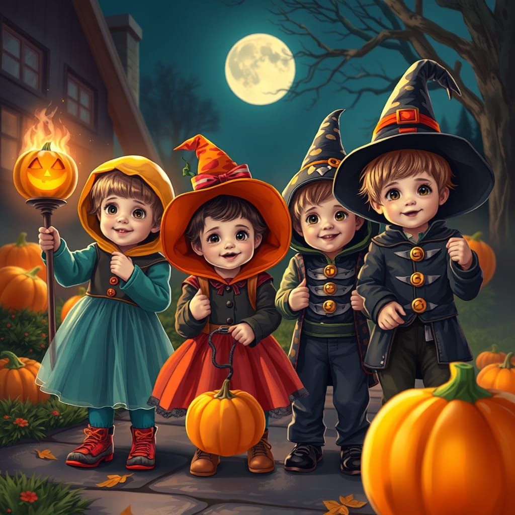 Adorable Children Trick-or-Treating on Halloween Night