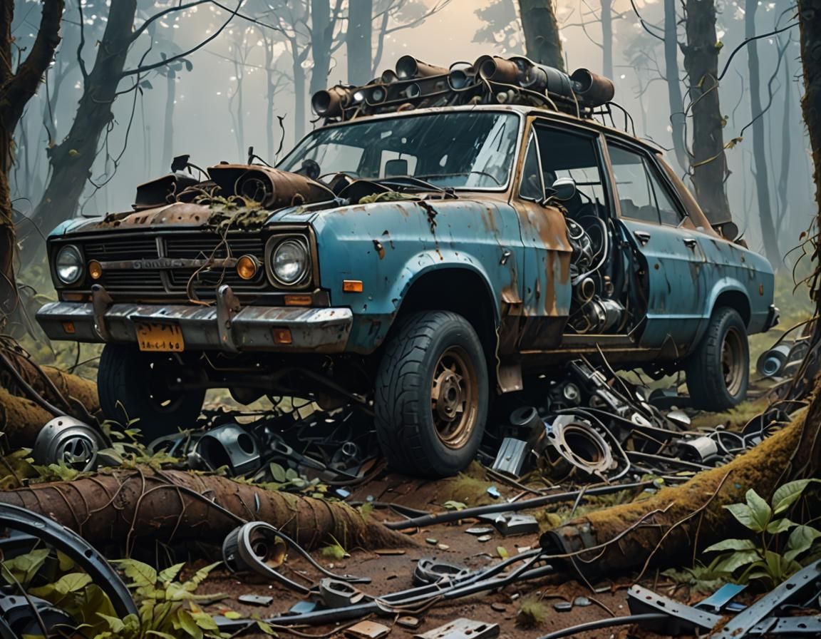Surreal Auto Parts in Misty Forest: Dreamlike Art