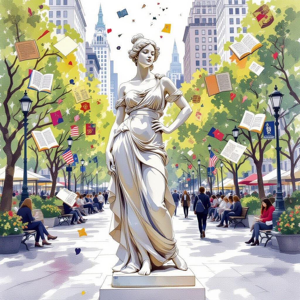 Elegant Blonde Statue in Bryant Park, Watercolor Style