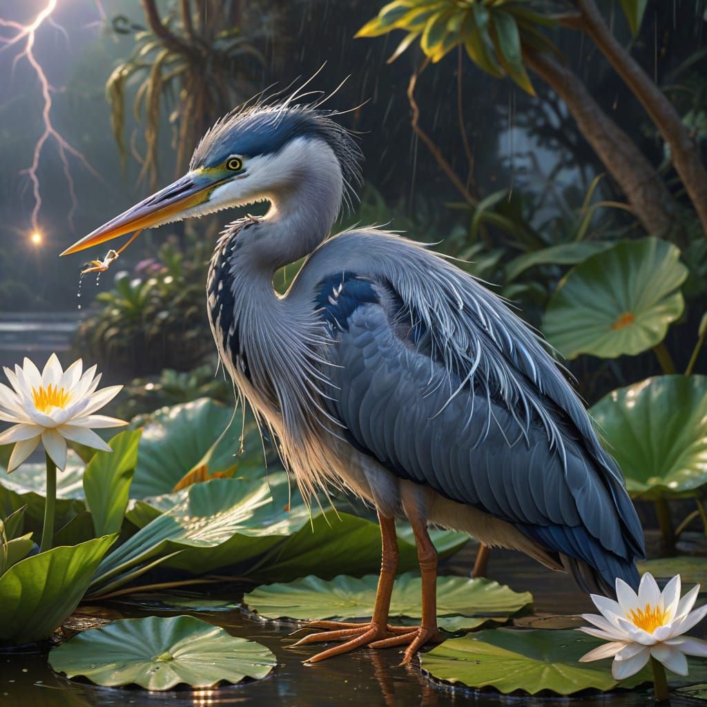Heron Shelters Mouse from Lightning in Epic Fantasy Art
