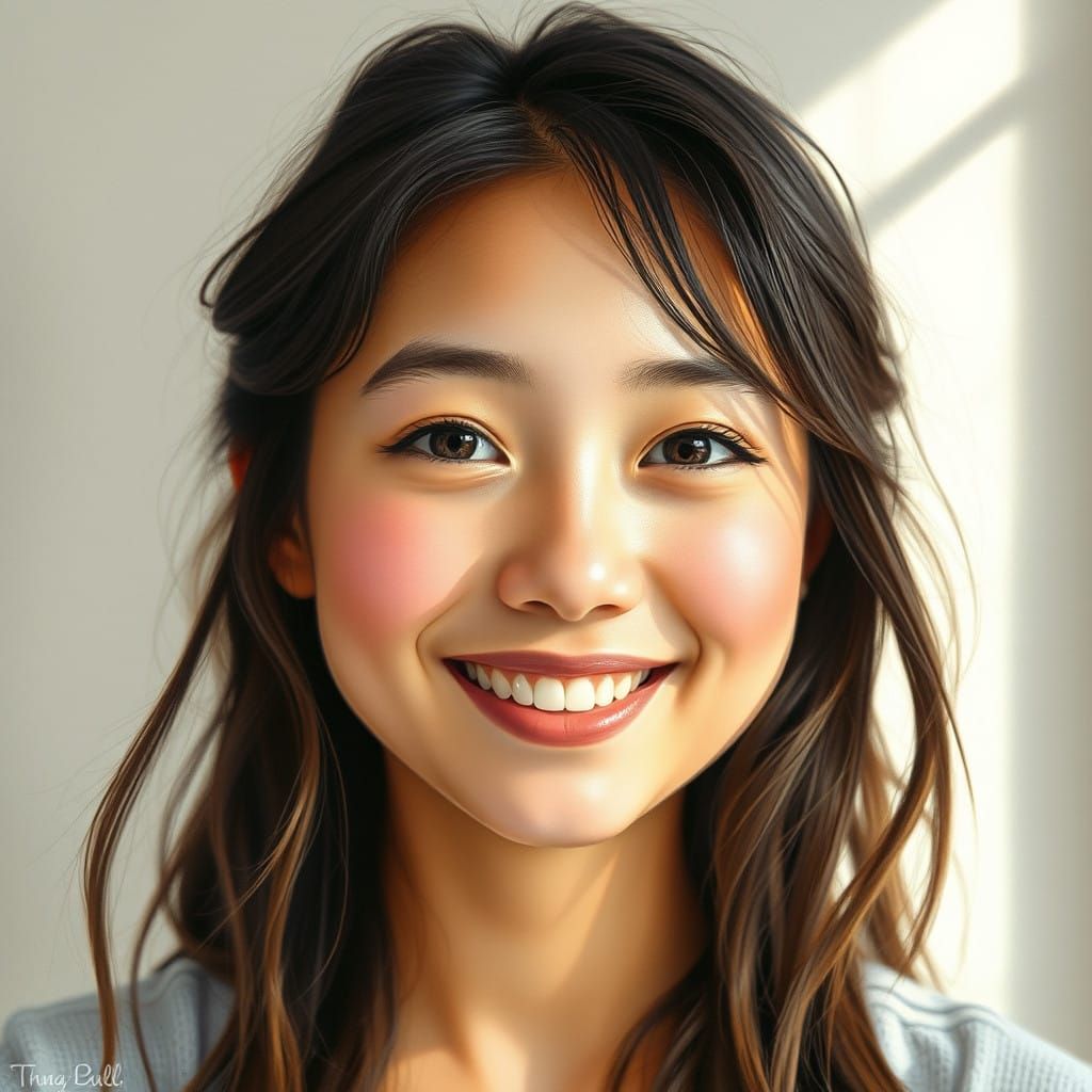 Delicate Folk-Art Portrait of a Smiling Young Woman