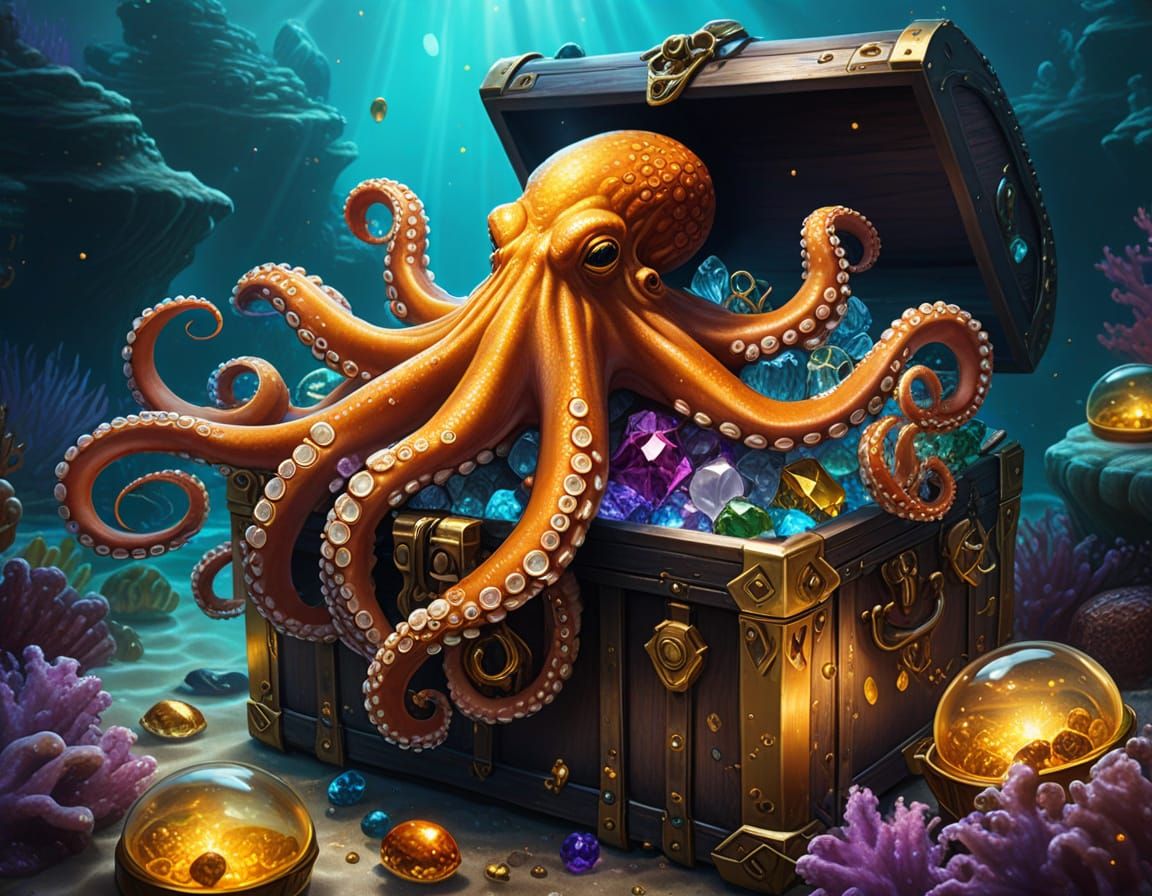 Octopus Guardian of Sunken Treasure in Oil Painting