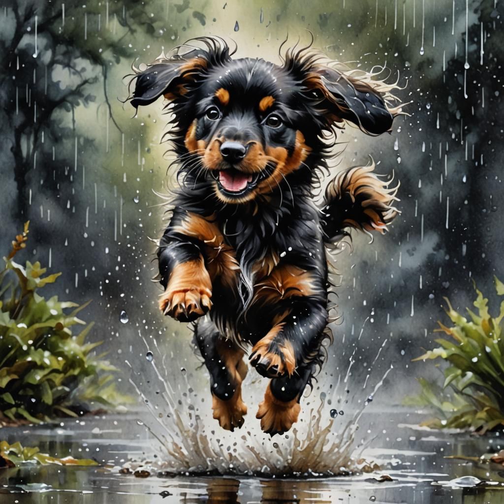 Happy Puppy Dancing in Rainy Watercolor