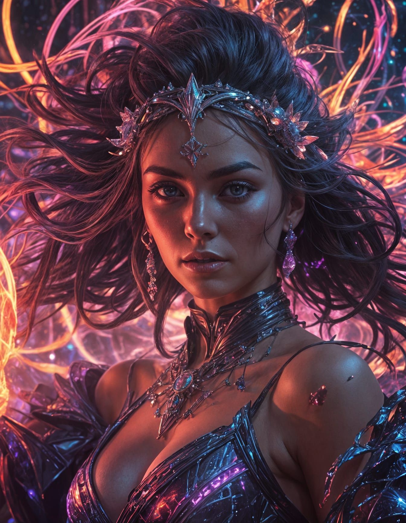 Neon Sorceress Spellcasting in Futuristic Style