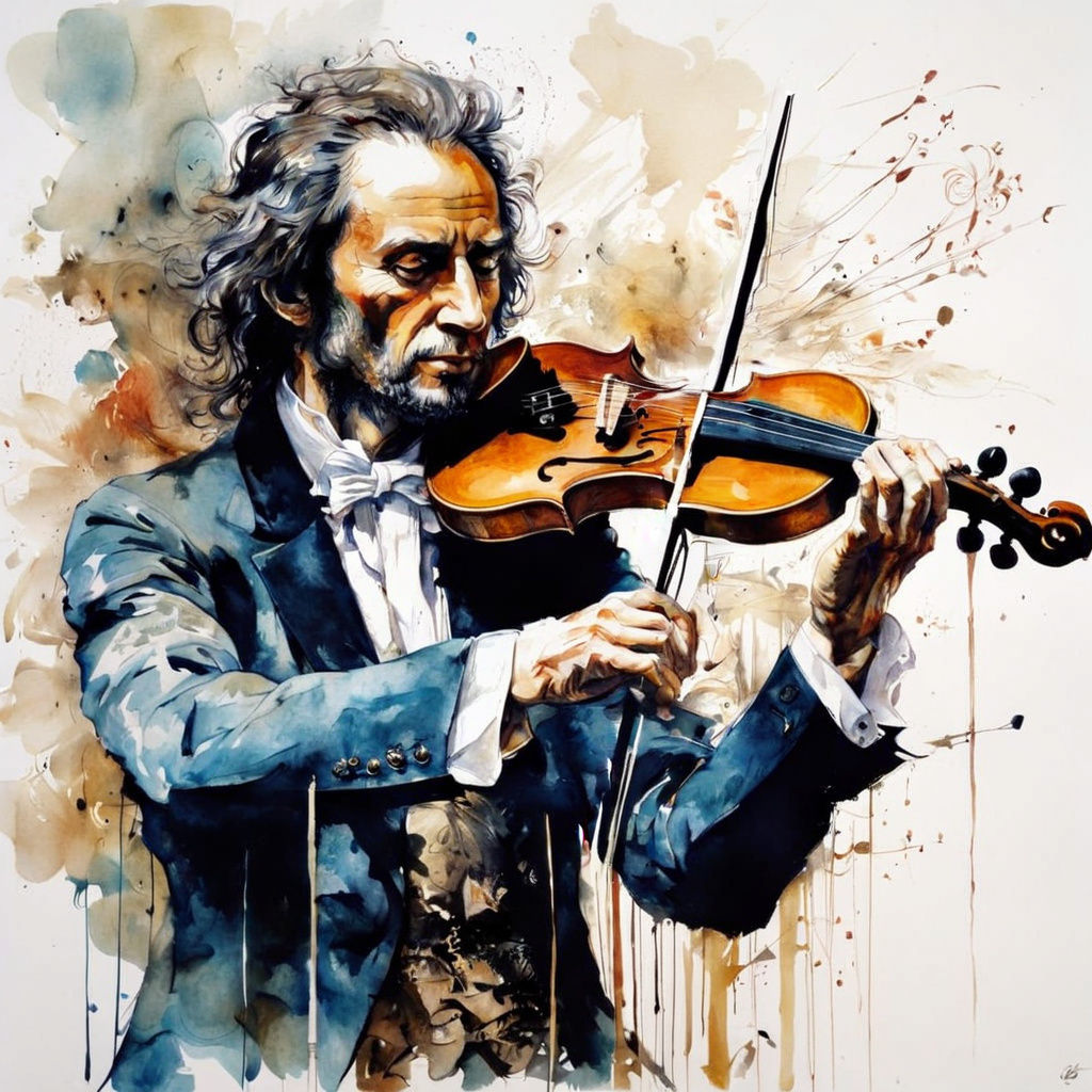 Nicolo Paganini in Elegant Watercolor Painting