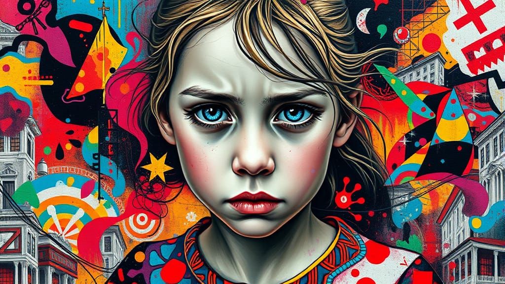 Girl Amidst Whirlwind of Colorful Patterns and Shapes