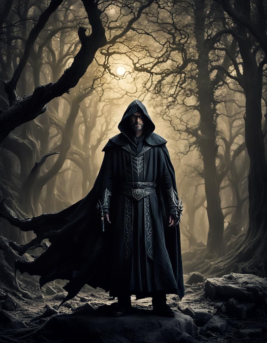 Menacing Warlock in Dark Fantasy Landscape