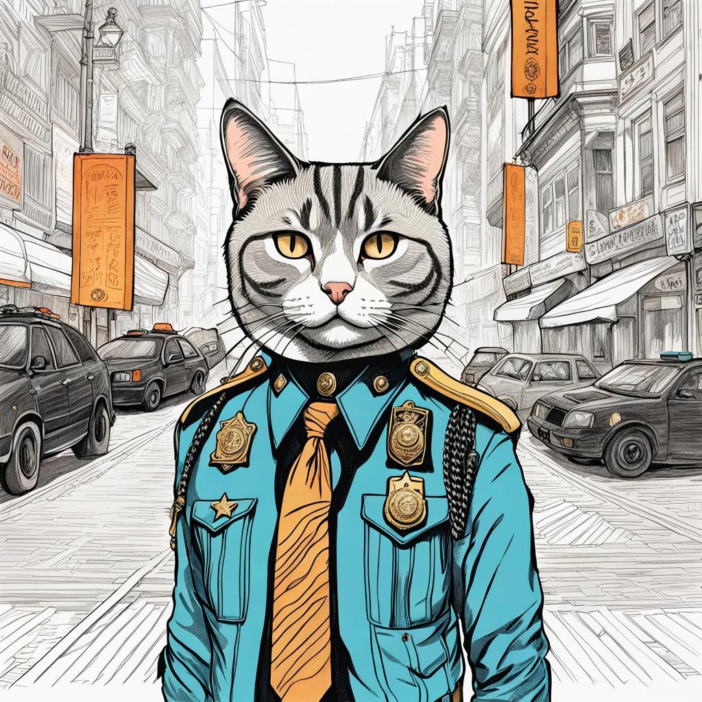 Photorealistic Cat Cop Sketch in Cinematic Style